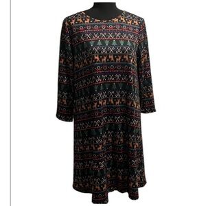 EUC Dress Works Christmas Dress Black with Reindeer Candy Cane Trees Hearts Sz S